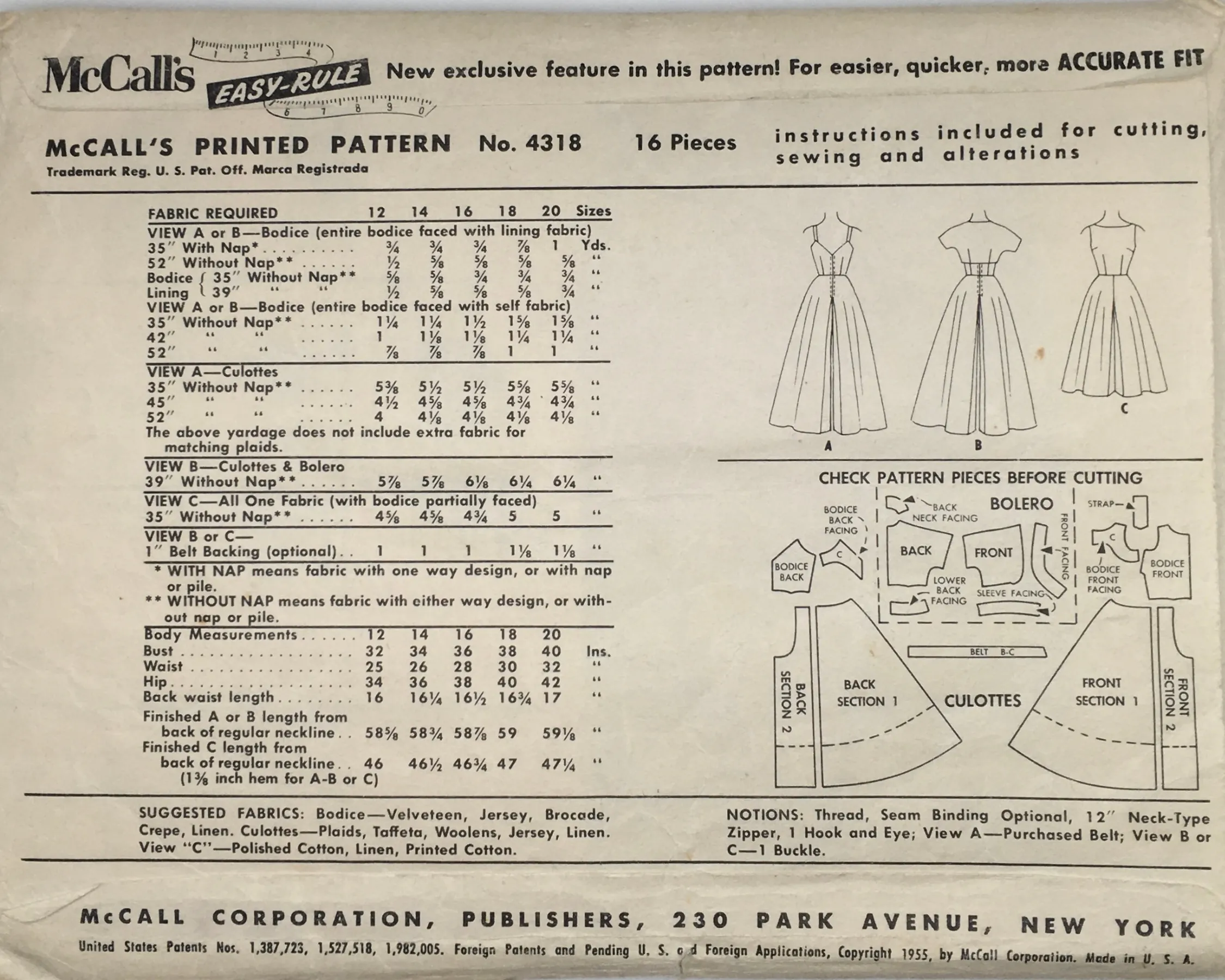 1957 Sewing Pattern: McCalls 4318