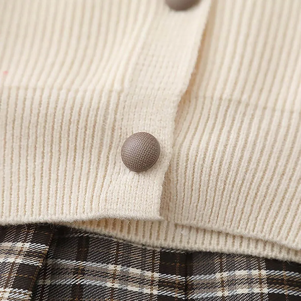 2 pcs Cream checks cardigan and Skirt Winter wear set 2 matching Teddy Clips