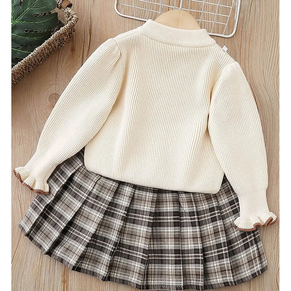 2 pcs Cream checks cardigan and Skirt Winter wear set 2 matching Teddy Clips