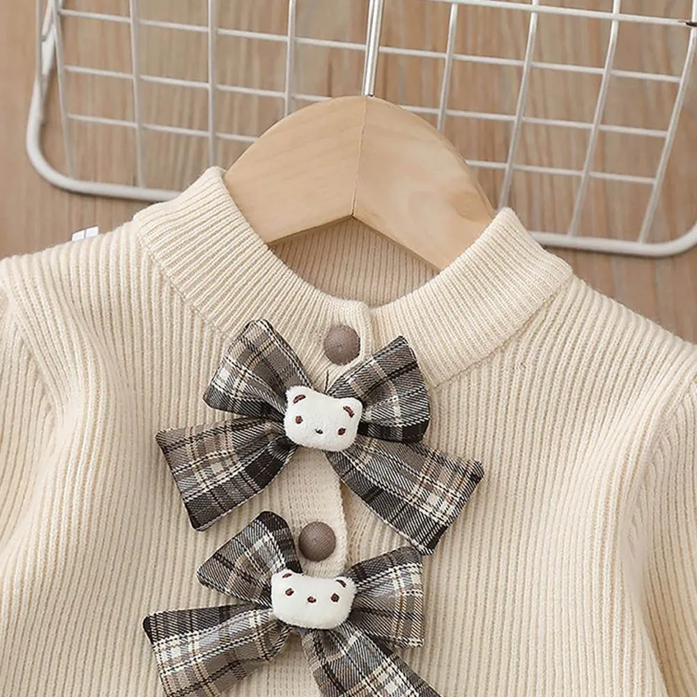 2 pcs Cream checks cardigan and Skirt Winter wear set 2 matching Teddy Clips