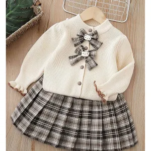 2 pcs Cream checks cardigan and Skirt Winter wear set 2 matching Teddy Clips