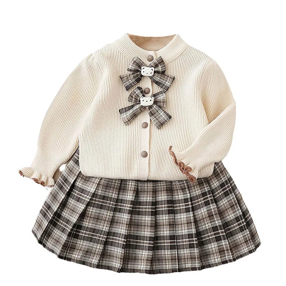 2 pcs Cream checks cardigan and Skirt Winter wear set 2 matching Teddy Clips