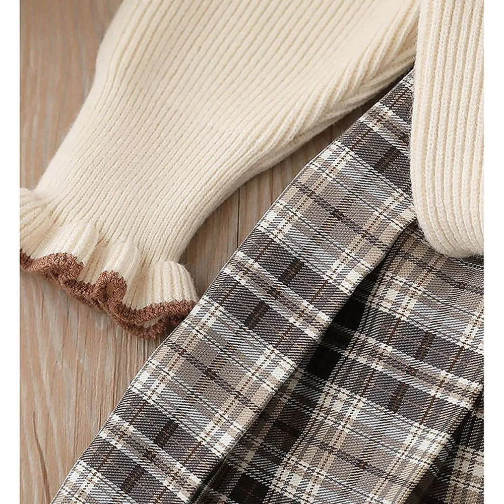 2 pcs Cream checks cardigan and Skirt Winter wear set 2 matching Teddy Clips