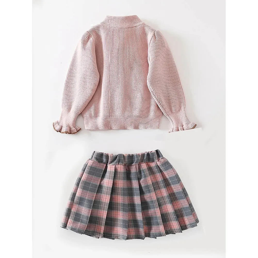 2 pcs Pink checks cardigan and Skirt Winter wear 2 matching Teddy Clips