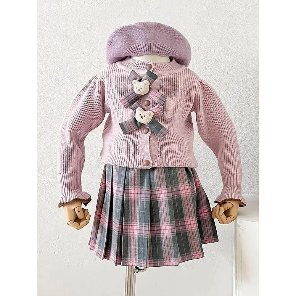 2 pcs Pink checks cardigan and Skirt Winter wear 2 matching Teddy Clips