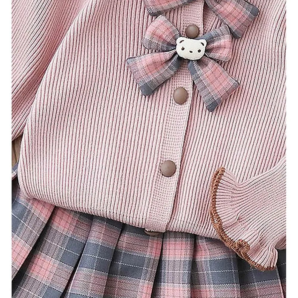2 pcs Pink checks cardigan and Skirt Winter wear 2 matching Teddy Clips