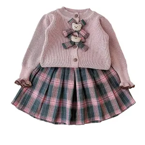 2 pcs Pink checks cardigan and Skirt Winter wear 2 matching Teddy Clips