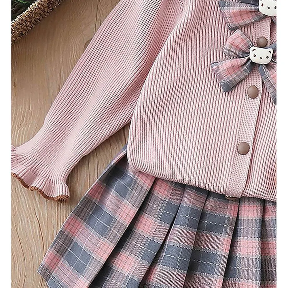 2 pcs Pink checks cardigan and Skirt Winter wear 2 matching Teddy Clips