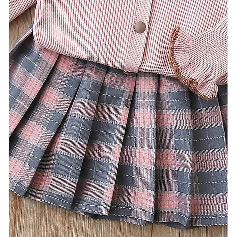 2 pcs Pink checks cardigan and Skirt Winter wear 2 matching Teddy Clips