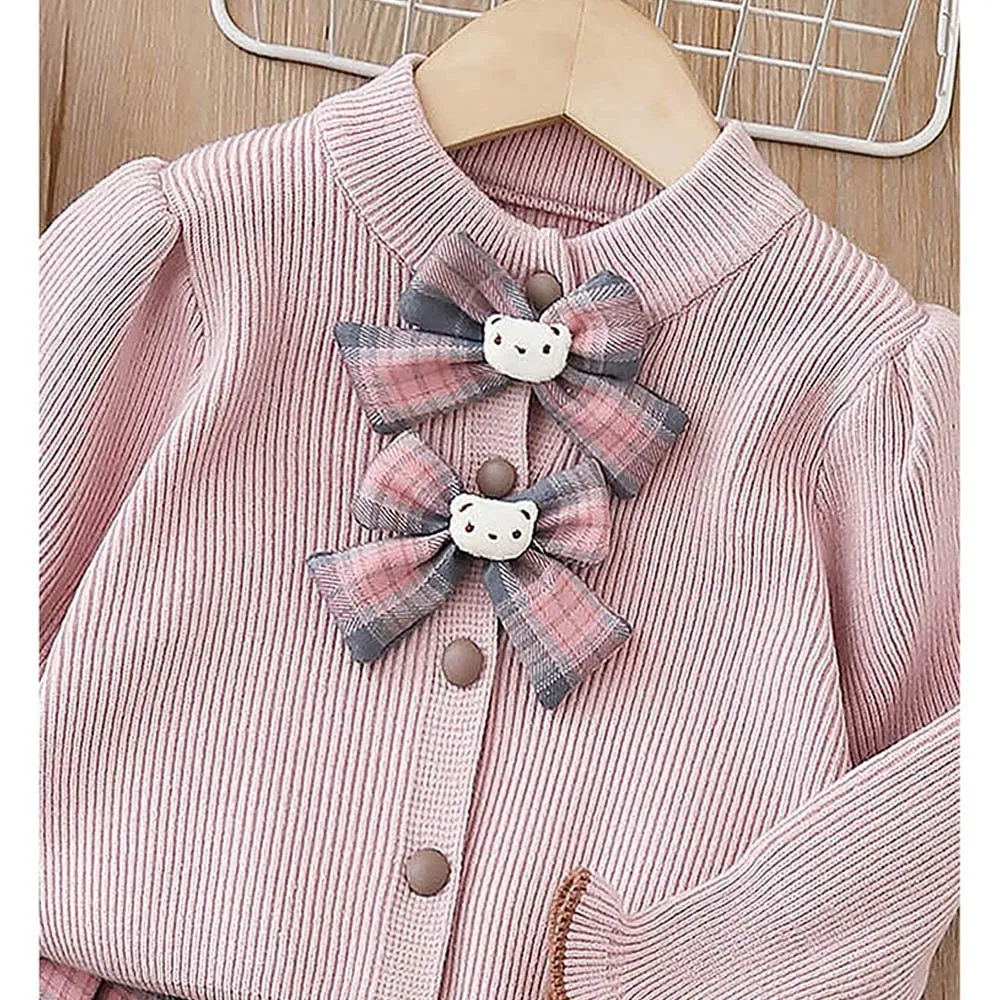 2 pcs Pink checks cardigan and Skirt Winter wear 2 matching Teddy Clips