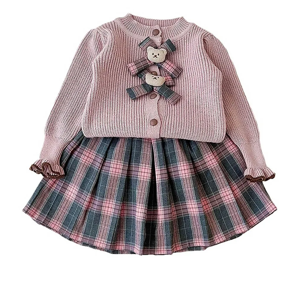 2 pcs Pink checks cardigan and Skirt Winter wear 2 matching Teddy Clips