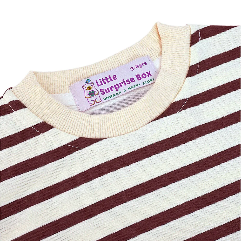 2 Pcs Set Brown Striped 3D Fluffy Dino Tummy Sweat Shirt And Pants Set For Toddler And Kids Winter And All Season Wear