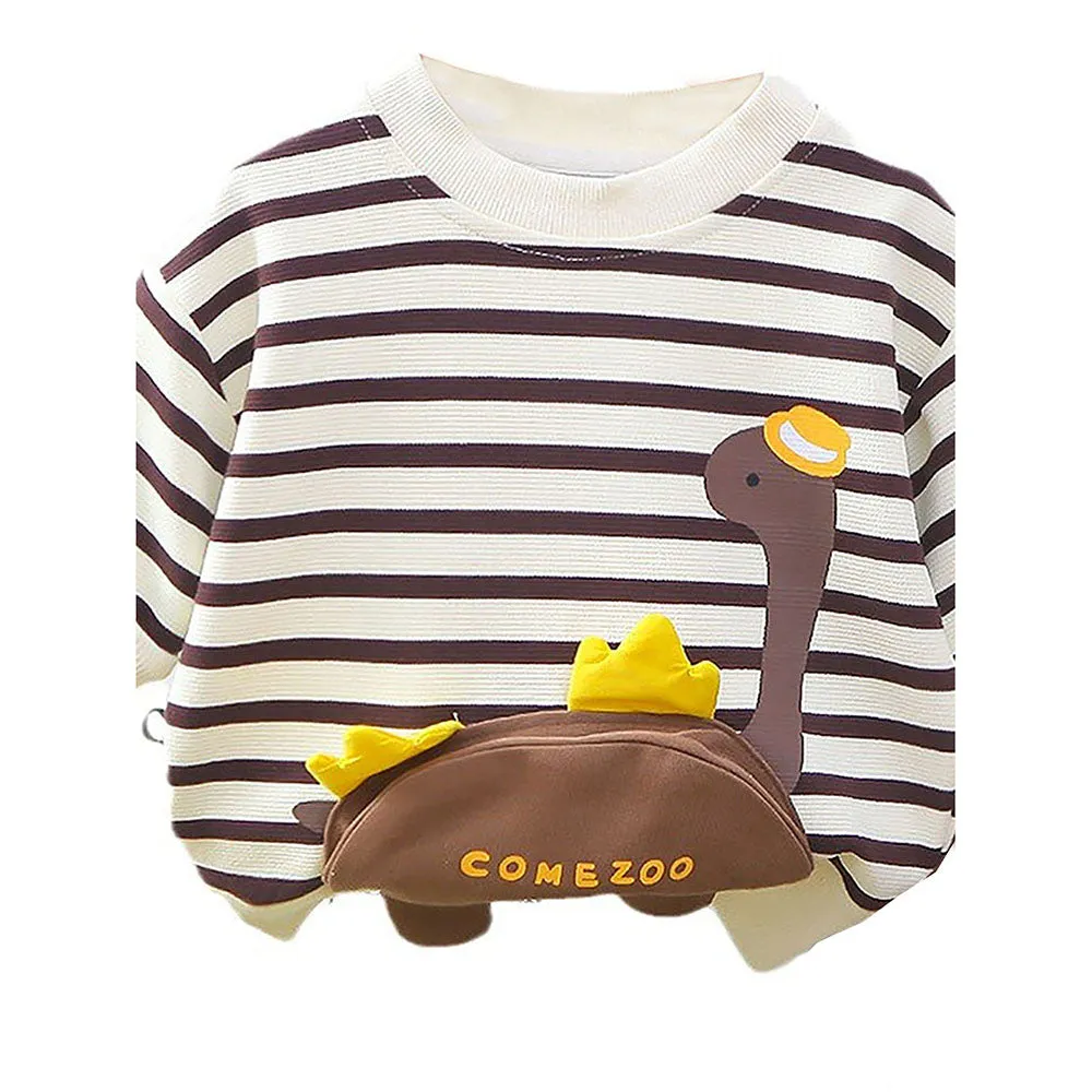 2 Pcs Set Brown Striped 3D Fluffy Dino Tummy Sweat Shirt And Pants Set For Toddler And Kids Winter And All Season Wear