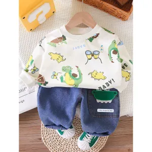 2 Pcs Set Dino Adventure Sweat Shirt And Denims Set For Toddler And Kids Winter And All Season Wear