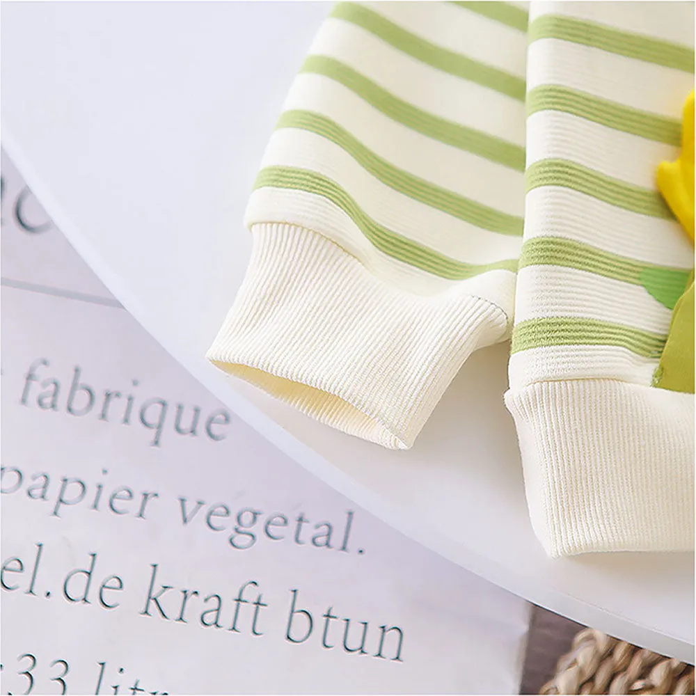 2 Pcs Set Green Striped 3D Fluffy Dino Tummy Sweat Shirt And Pants Set For Toddler And Kids Winter And All Season Wear