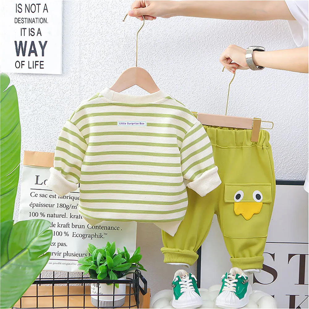 2 Pcs Set Green Striped 3D Fluffy Dino Tummy Sweat Shirt And Pants Set For Toddler And Kids Winter And All Season Wear