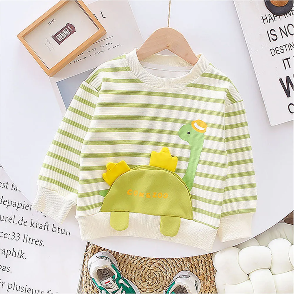 2 Pcs Set Green Striped 3D Fluffy Dino Tummy Sweat Shirt And Pants Set For Toddler And Kids Winter And All Season Wear