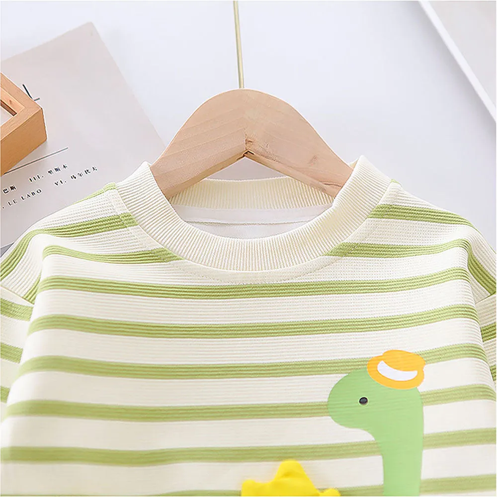2 Pcs Set Green Striped 3D Fluffy Dino Tummy Sweat Shirt And Pants Set For Toddler And Kids Winter And All Season Wear