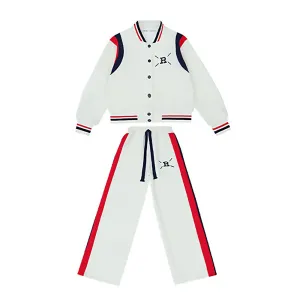 2Pcs Cream With Red And Navy Varsity Style Jacket With Matching Pants For Kids & Tweens