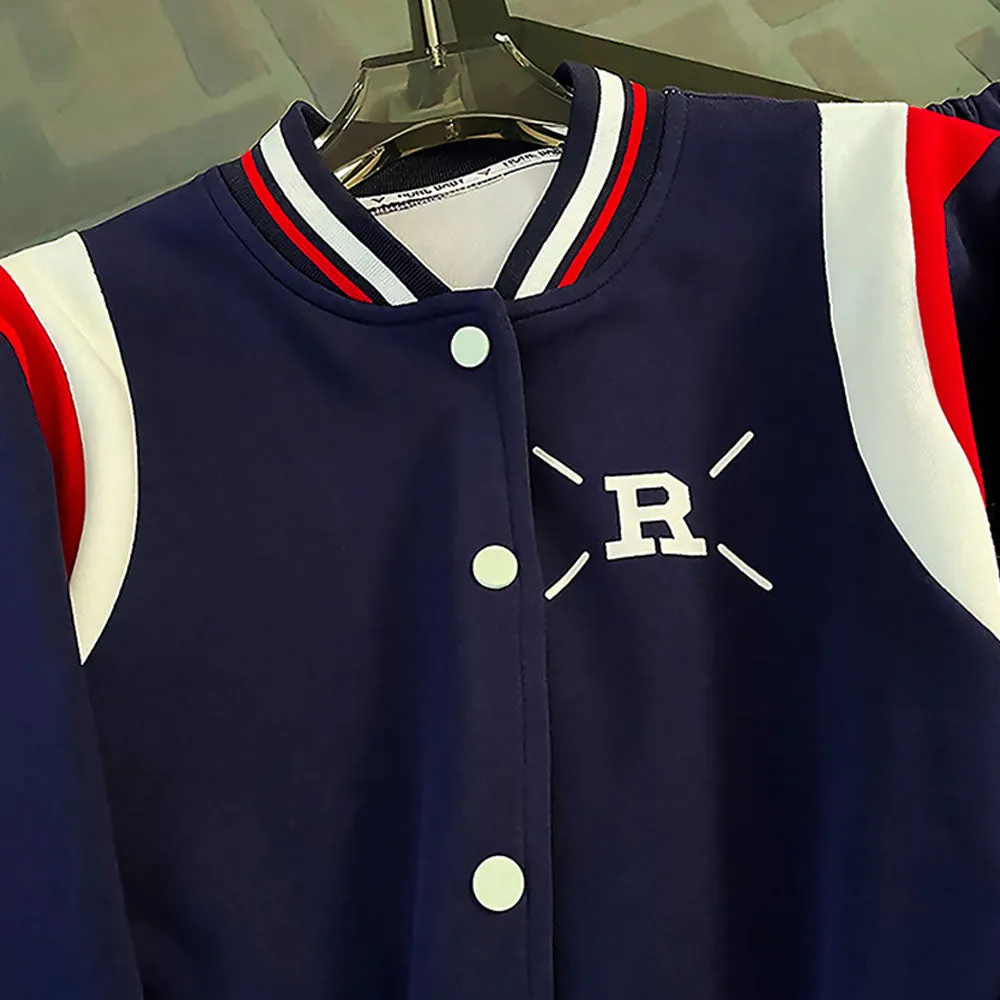 2Pcs Navy With Red And Cream Varsity Style Jacket With Matching Pants For Kids & Tweens