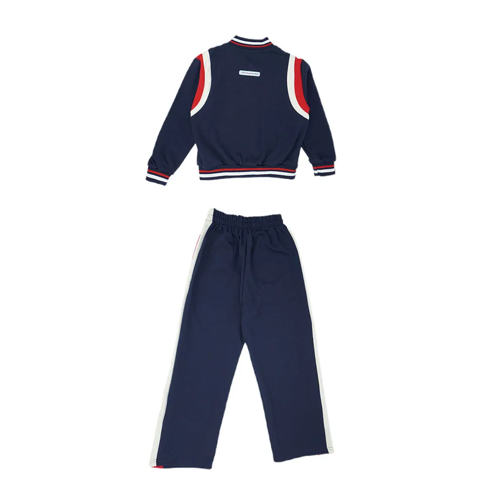 2Pcs Navy With Red And Cream Varsity Style Jacket With Matching Pants For Kids & Tweens