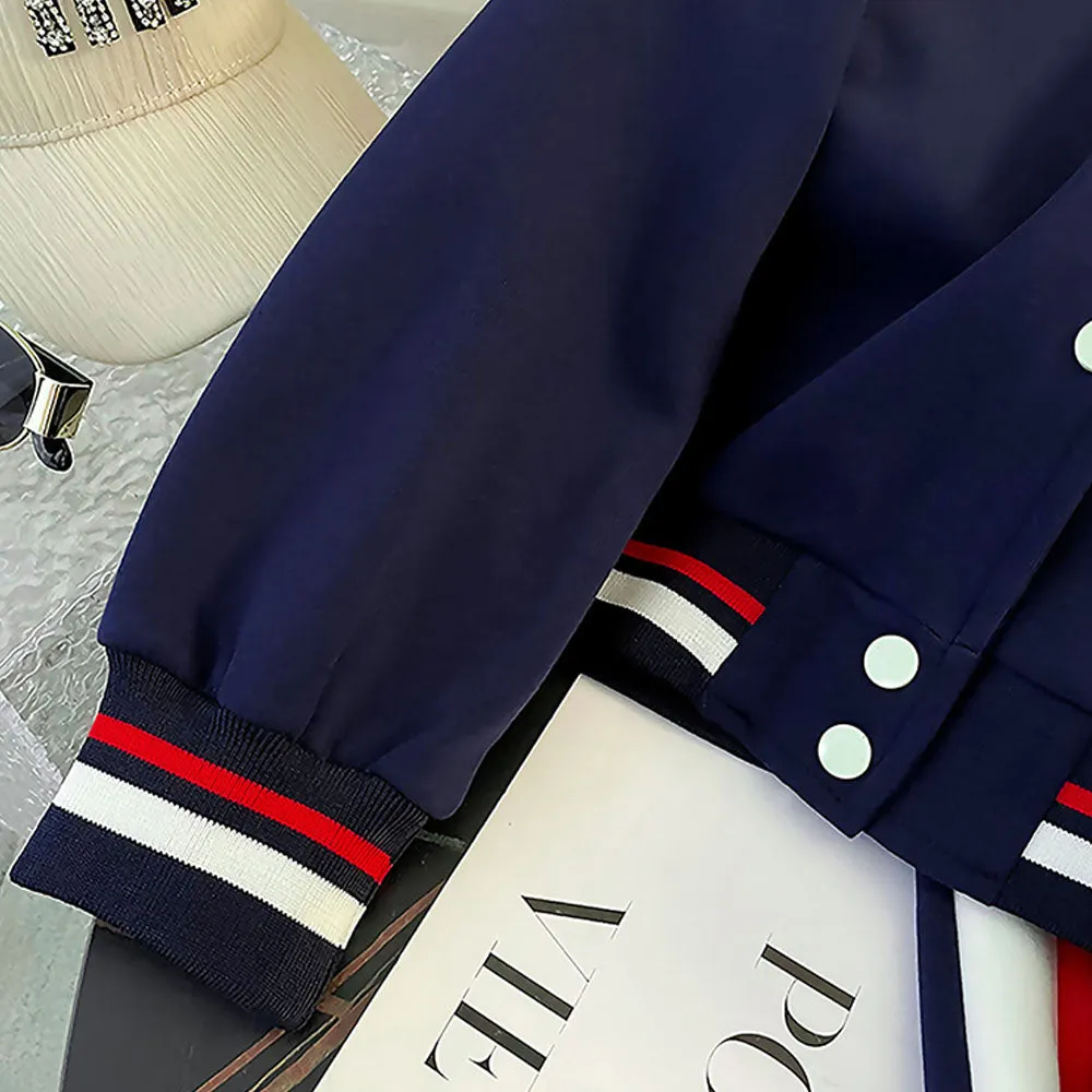 2Pcs Navy With Red And Cream Varsity Style Jacket With Matching Pants For Kids & Tweens
