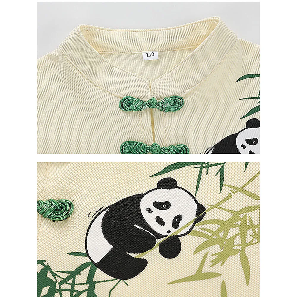2Pcs Panda Chinese Collar Shirt And Matching Shorts All Season Wear