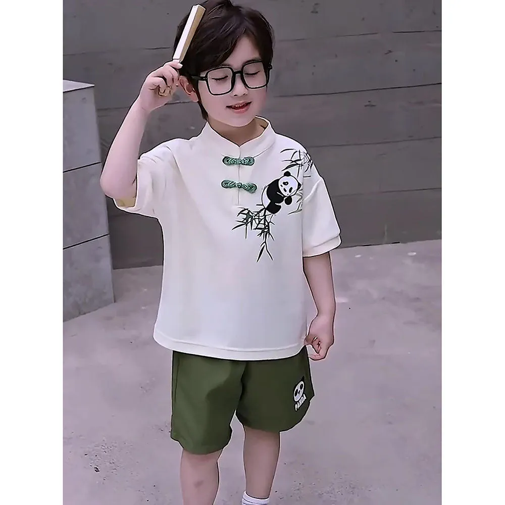 2Pcs Panda Chinese Collar Shirt And Matching Shorts All Season Wear