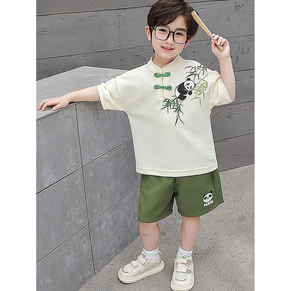 2Pcs Panda Chinese Collar Shirt And Matching Shorts All Season Wear
