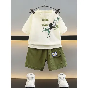 2Pcs Panda Chinese Collar Shirt And Matching Shorts All Season Wear