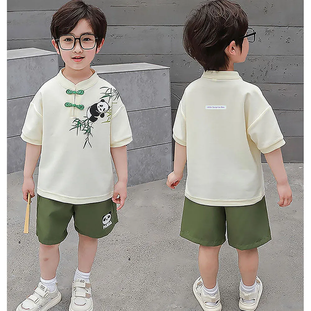 2Pcs Panda Chinese Collar Shirt And Matching Shorts All Season Wear