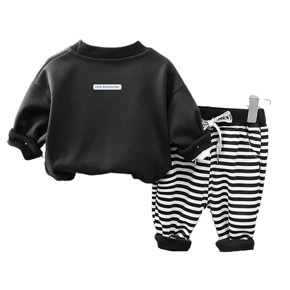 2Pcs Set Black Stripes Doggy Eye Patch Track Suit Set For Toddler And Kids Winter & All Season Wear