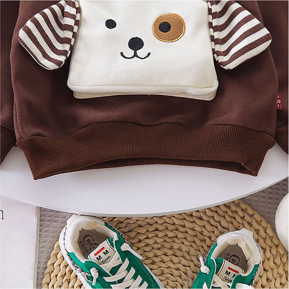 2Pcs Set Brown Stripes Doggy Eye Patch Track Suit Set For Toddler And Kids Winter & All Season Wear