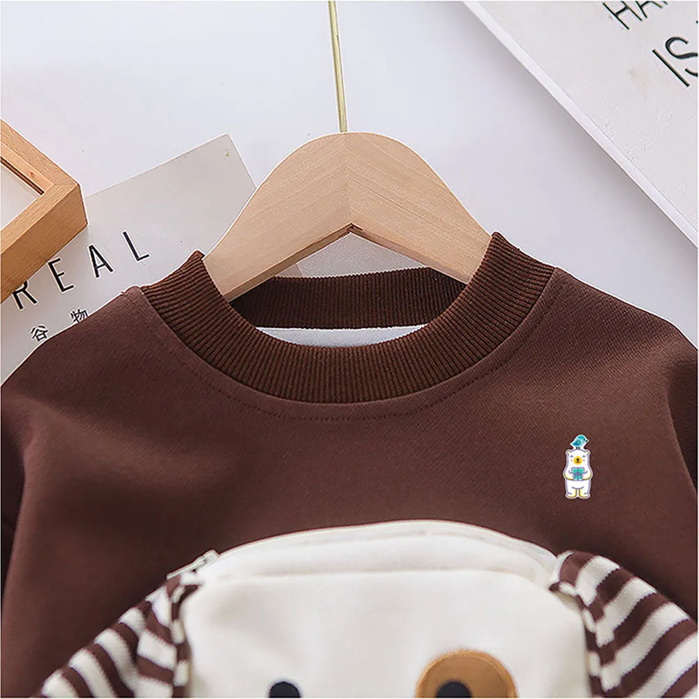 2Pcs Set Brown Stripes Doggy Eye Patch Track Suit Set For Toddler And Kids Winter & All Season Wear