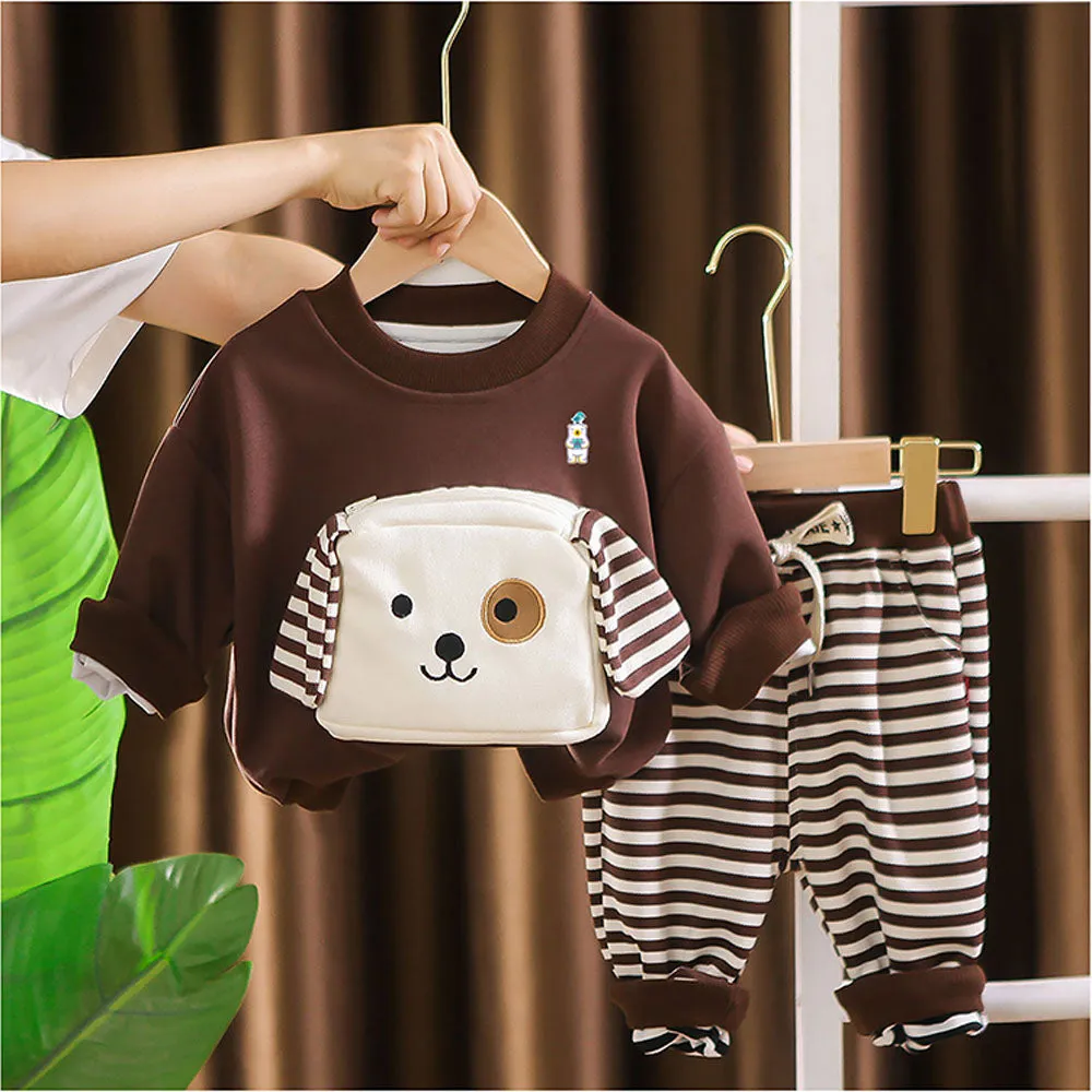 2Pcs Set Brown Stripes Doggy Eye Patch Track Suit Set For Toddler And Kids Winter & All Season Wear