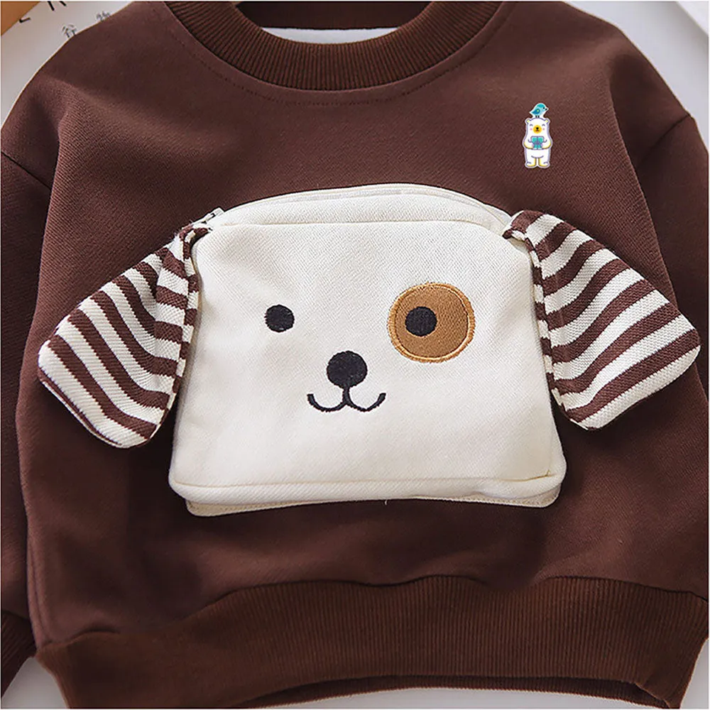 2Pcs Set Brown Stripes Doggy Eye Patch Track Suit Set For Toddler And Kids Winter & All Season Wear