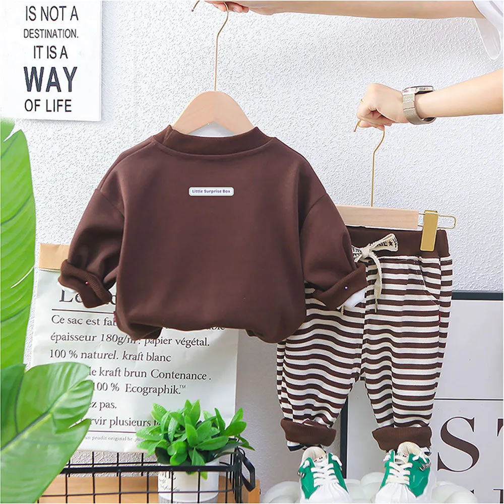 2Pcs Set Brown Stripes Doggy Eye Patch Track Suit Set For Toddler And Kids Winter & All Season Wear