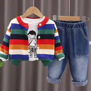 3 pcs Colorful Stripes Cardigan, tshirt/Denims set for Toddlers/Kids