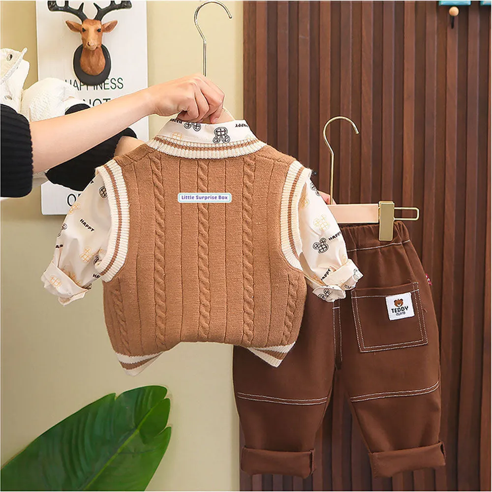 3 Pcs Set Cream Teddy Knitted Sweater Shirt And Pants Set For Toddler And Kids Winter And All Season Wear