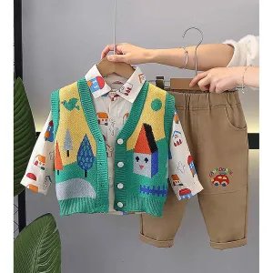 3pcs Green Village Theme Cardigan, Shirt and matching Pants set for Toddlers and Kids, winter and all season wear