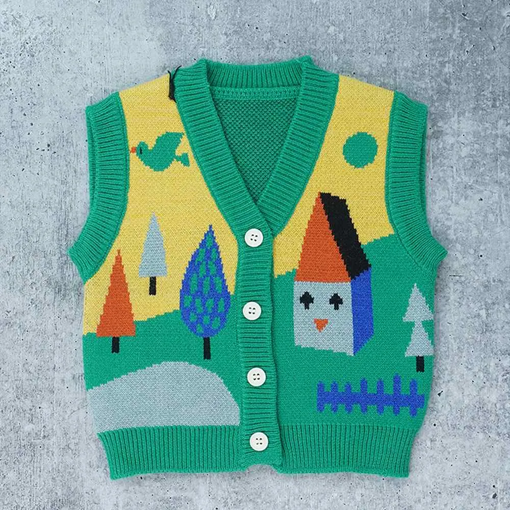 3pcs Green Village Theme Cardigan, Shirt and matching Pants set for Toddlers and Kids, winter and all season wear