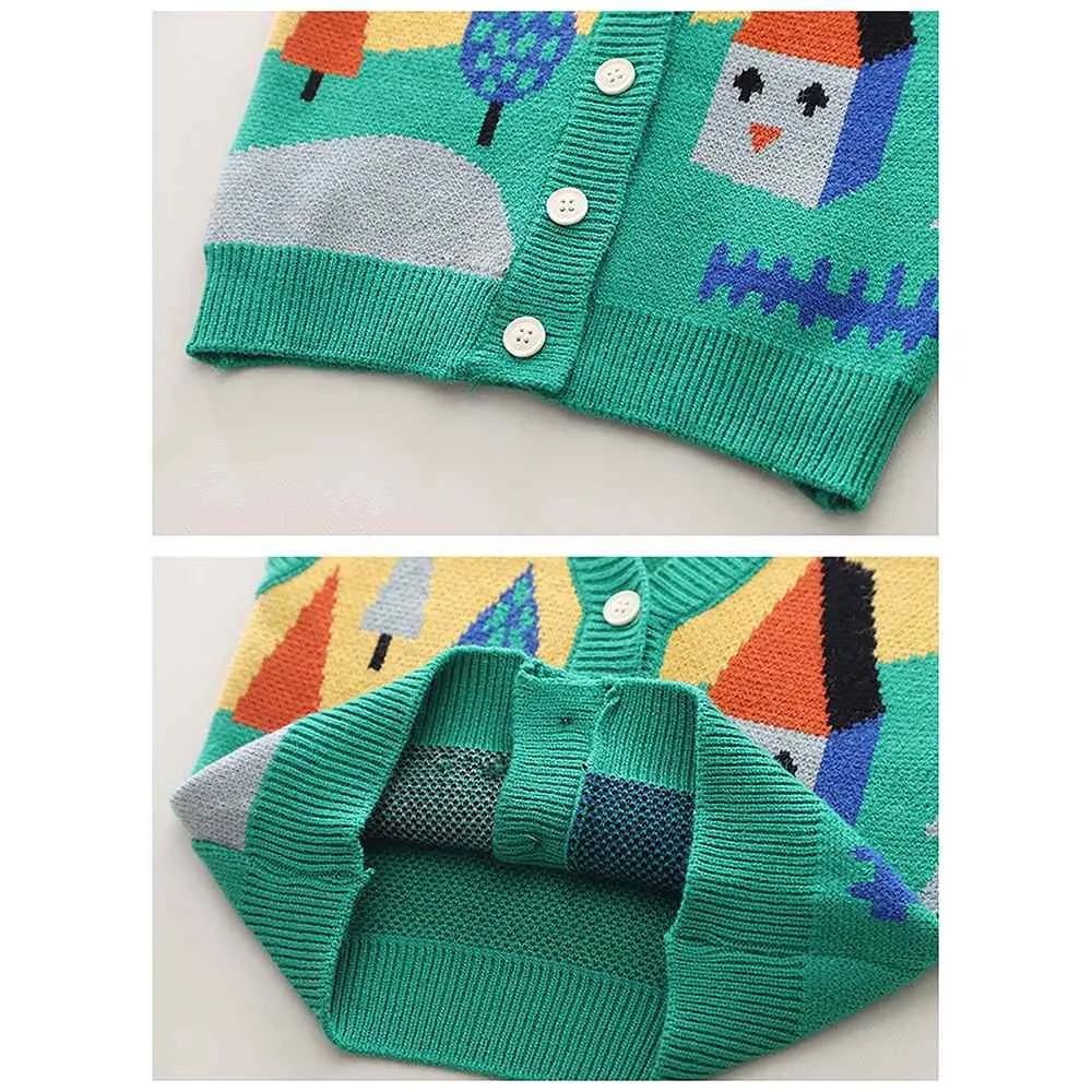 3pcs Green Village Theme Cardigan, Shirt and matching Pants set for Toddlers and Kids, winter and all season wear