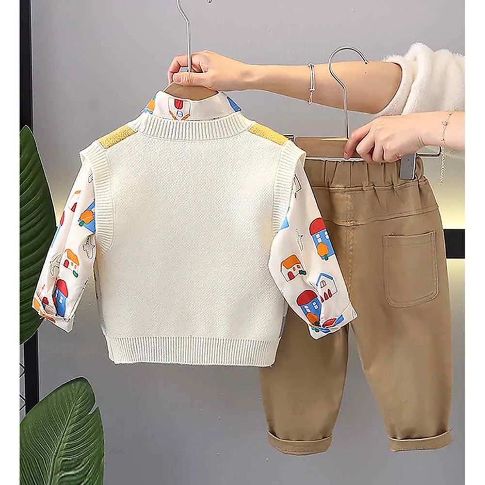 3pcs Yellow Village Theme Cardigan, Shirt and matching Pants set for Toddlers and Kids, winter and all season wear