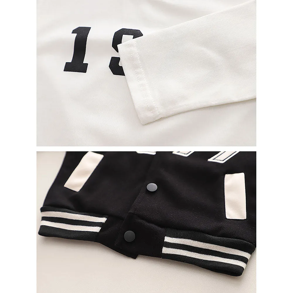 Black & White 1977 Designed 3 Pcs Varsity Jacket Styled Track Suit Set For Toddlers And Kids
