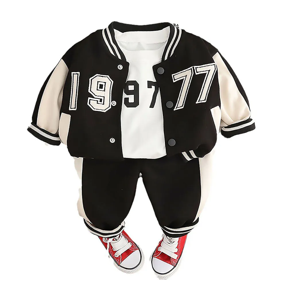 Black & White 1977 Designed 3 Pcs Varsity Jacket Styled Track Suit Set For Toddlers And Kids