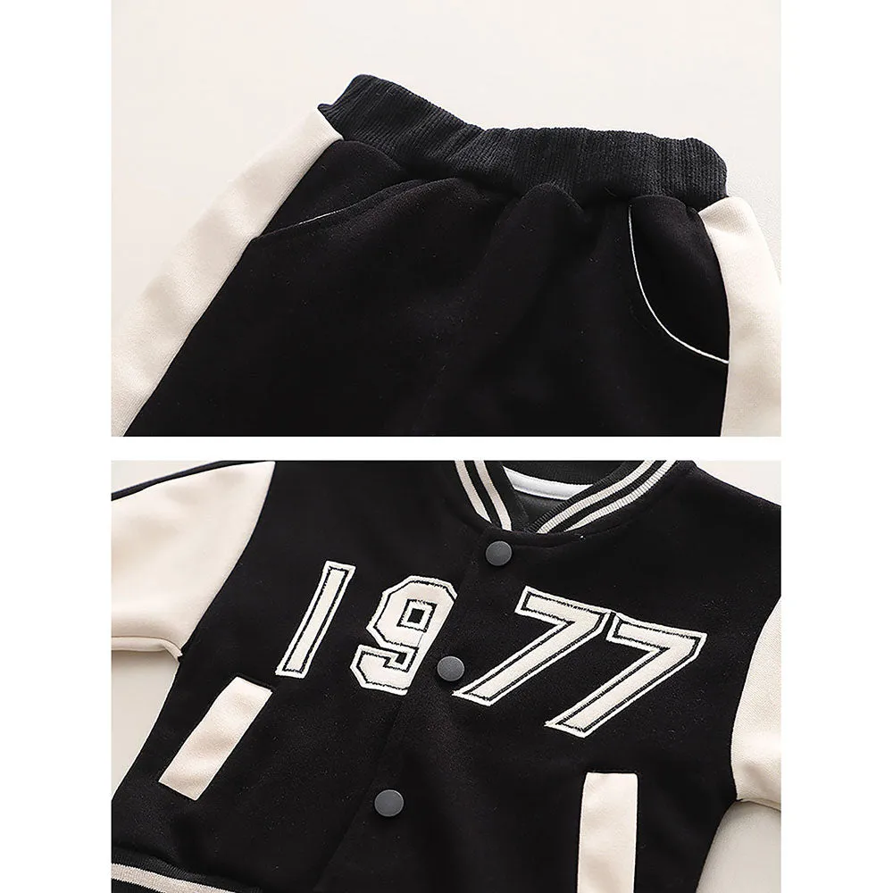 Black & White 1977 Designed 3 Pcs Varsity Jacket Styled Track Suit Set For Toddlers And Kids