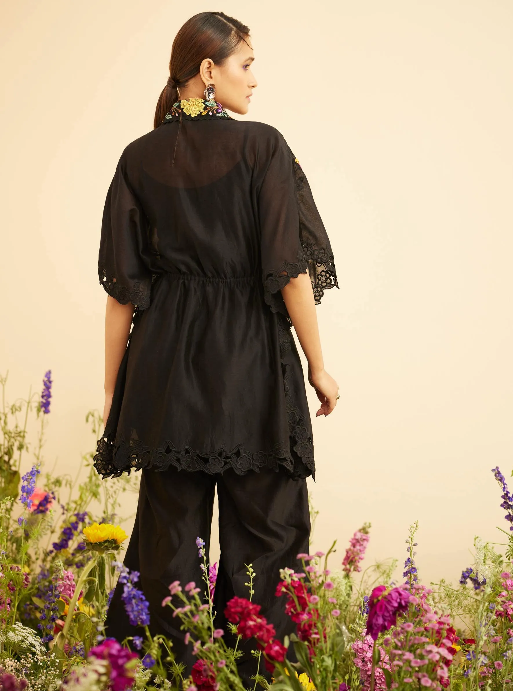 Black cutwork culottes pants