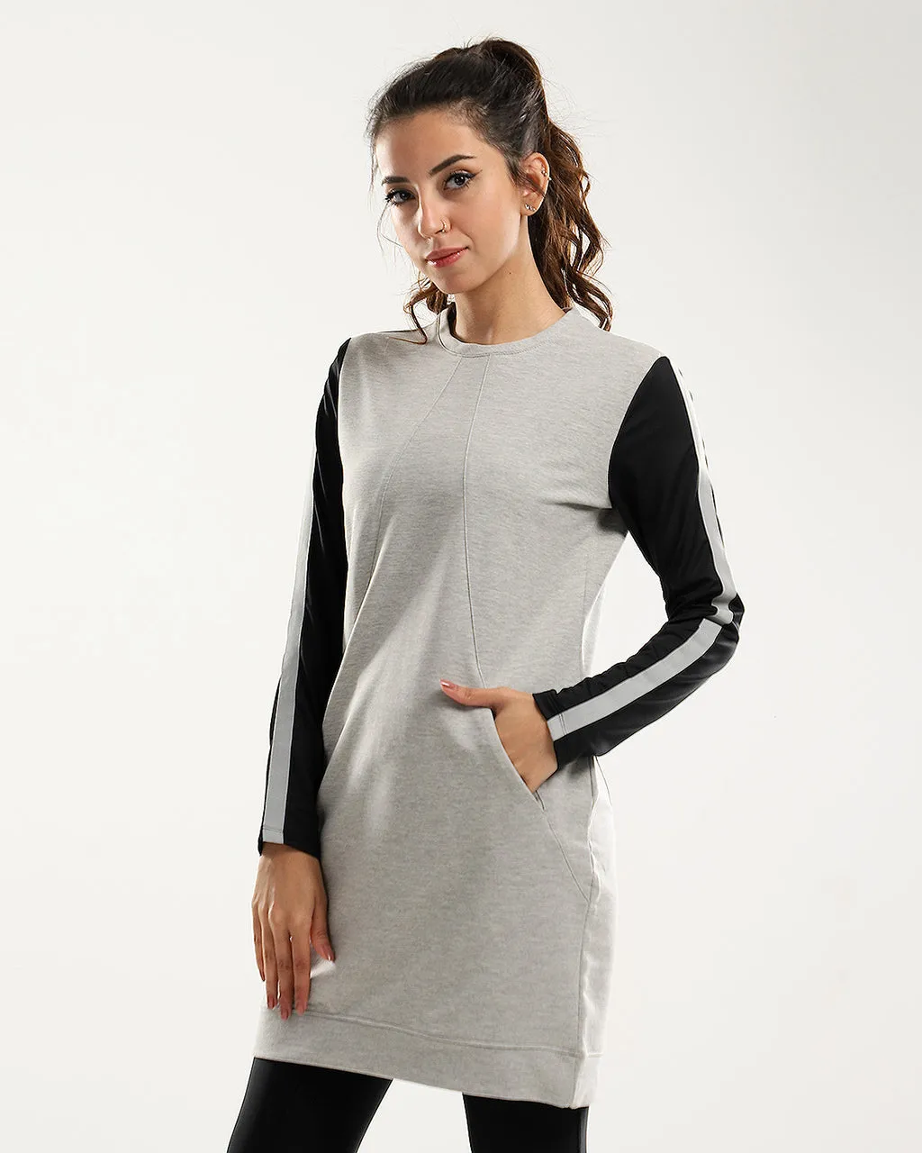 Black Sleeves Slip On Heather Grey Bi-Tone Long Sweatshirt