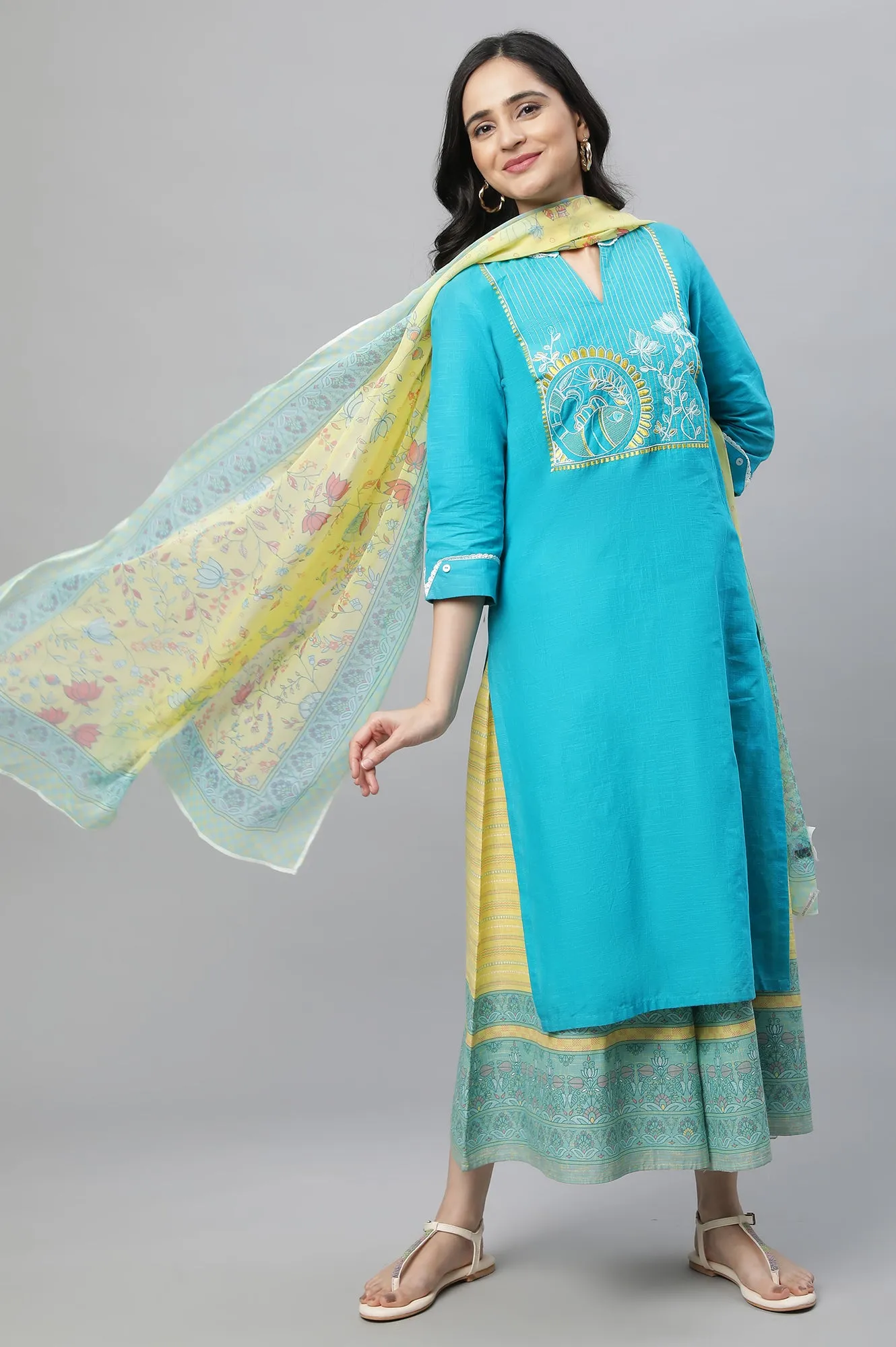 Blue Printed Kurta & Culottes Set