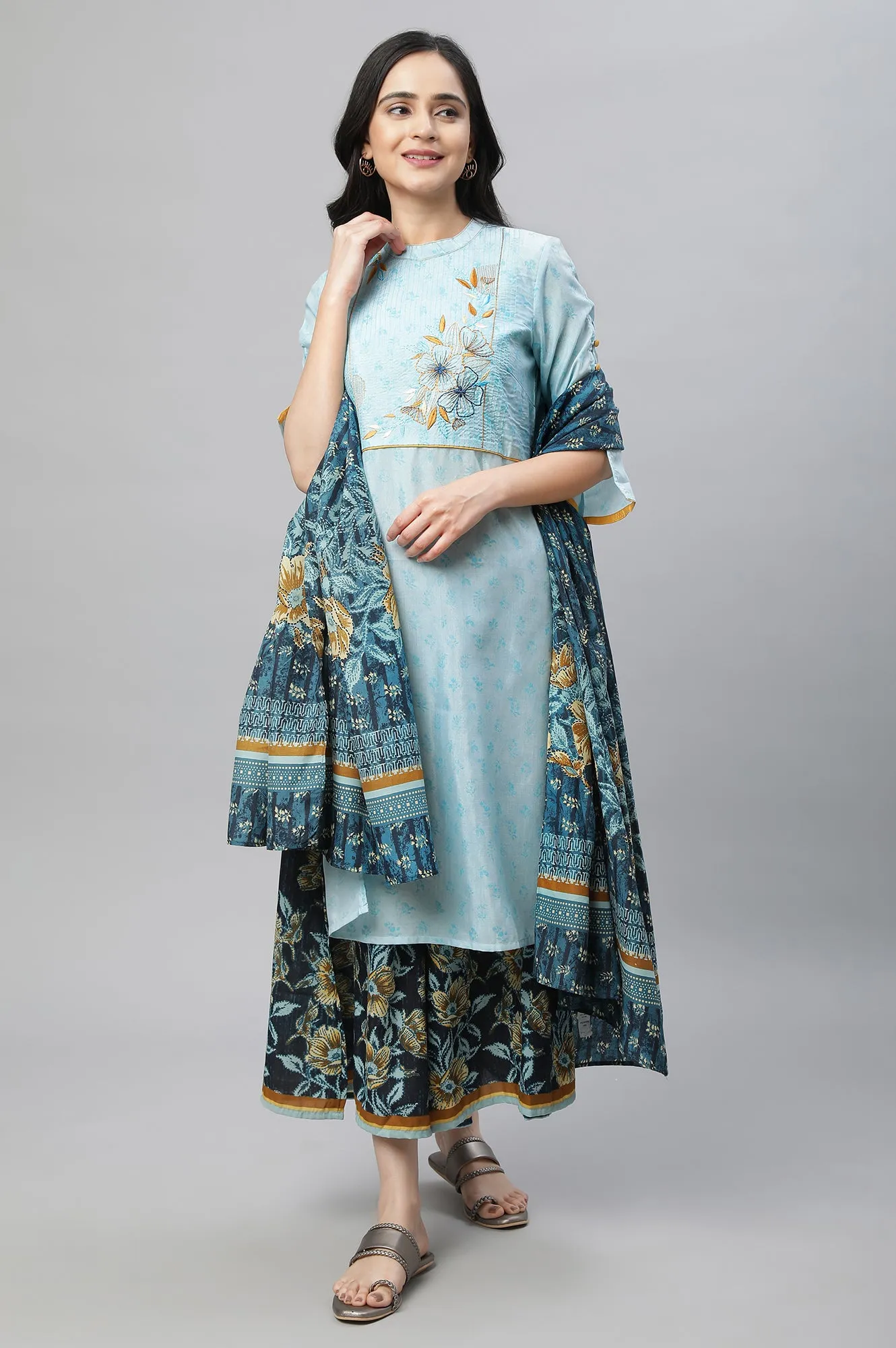 Blue Printed Kurta, Culottes & Dupatta Set